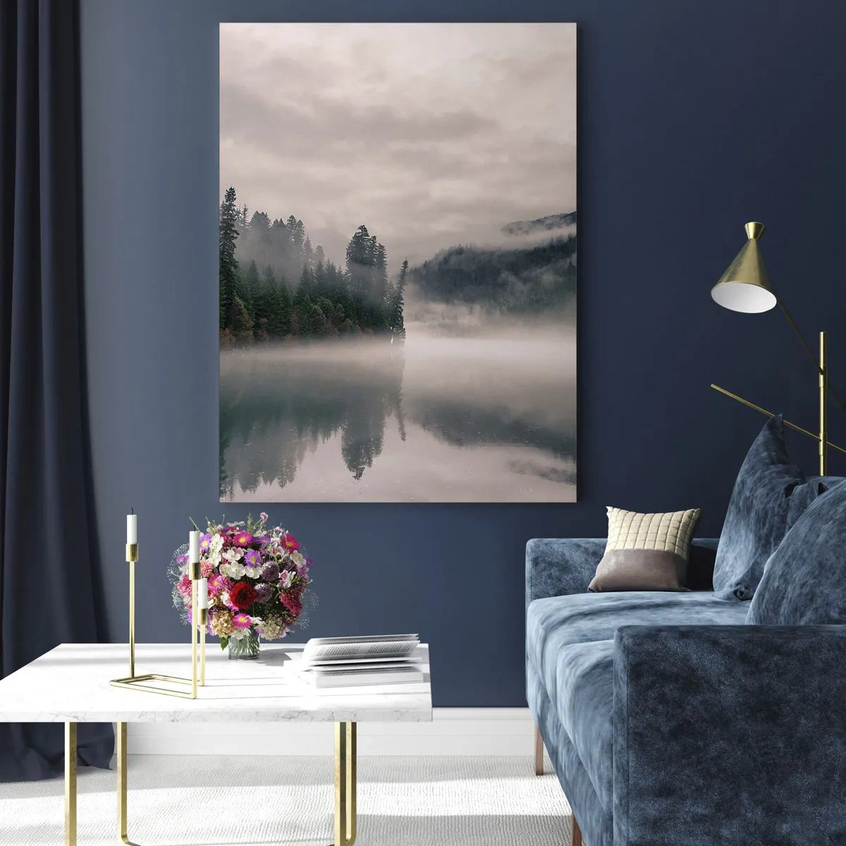 Impression sur verre - Image sur verre - Vue matinale d'un lac dans la forêt, enveloppé de brouillard - 50x70cm - Reflet dans le brouillard - Décoration murale moderne pour le salon et la chambre ARTTOR