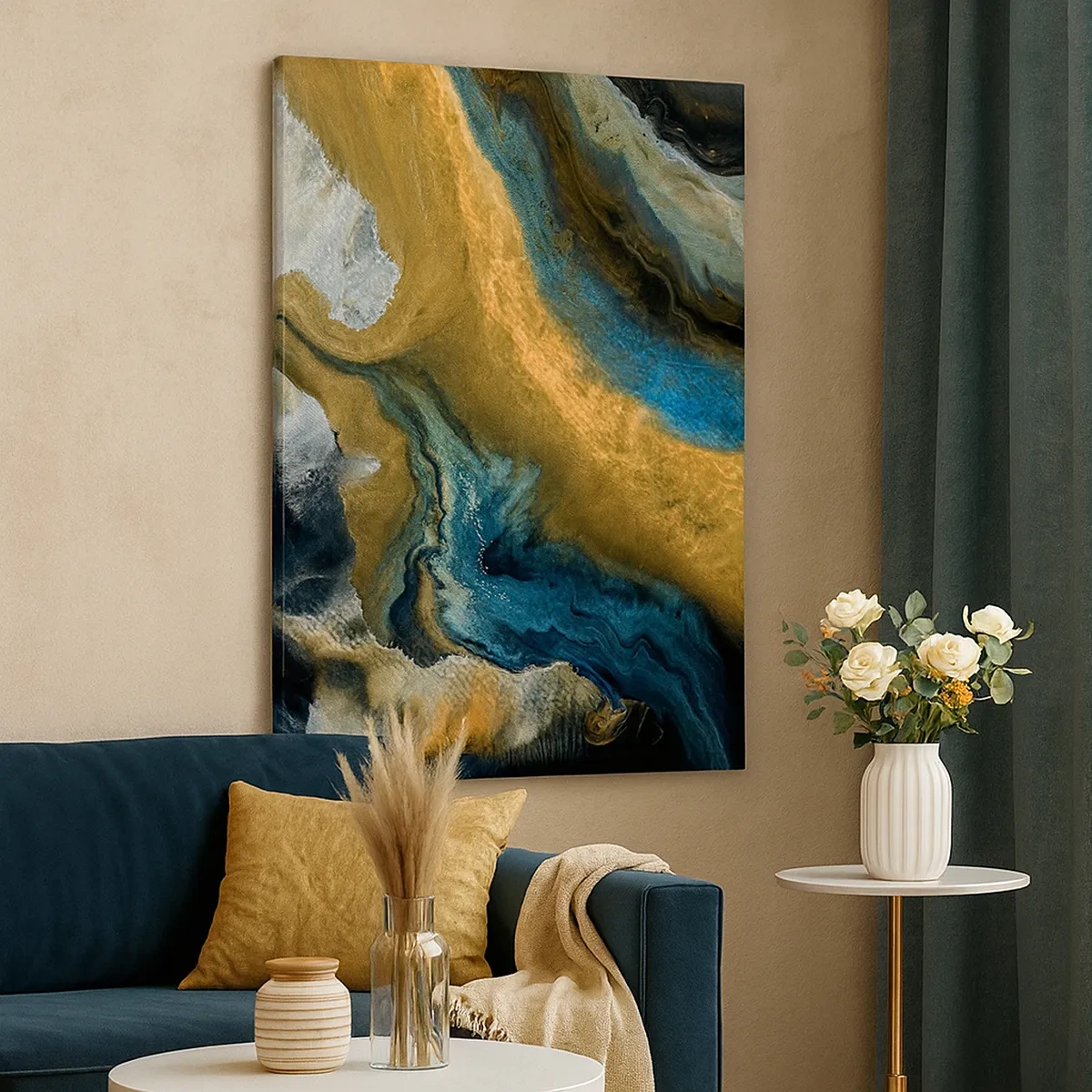 Impression sur toile - Image sur toile - Vagues abstraites dans des tons d'or et de bleu - 50x70cm - Bleu - jaune - influences mutuelles - Décoration murale moderne pour le salon et la chambre ARTTOR