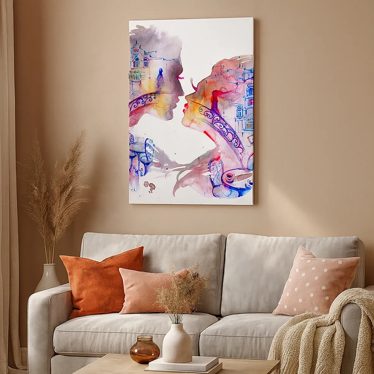 Impression sur toile - Image sur toile - Une aquarelle romantique représentant les silhouettes des amoureux - 50x70cm - Le pont secret des soupirs - Décoration murale moderne pour le salon et la chambre ARTTOR