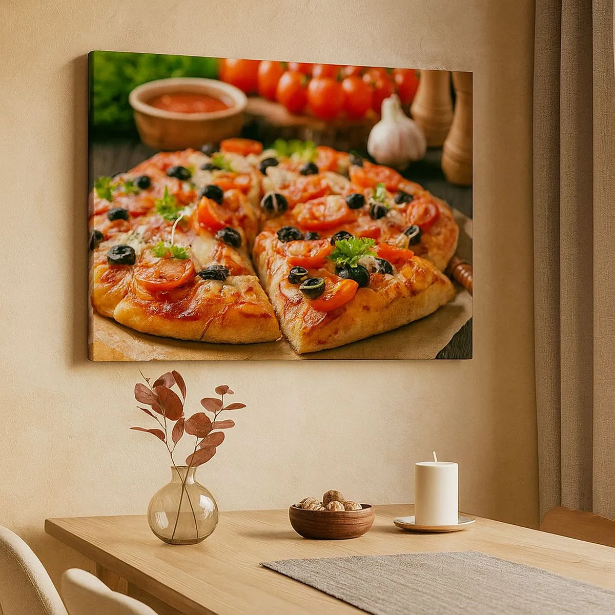Impression sur toile - Image sur toile - Pizza aux tomates, olives et herbes fraîches sur la table - 70x50cm - Tu t'en es encore tiré - Décoration murale moderne pour le salon et la chambre ARTTOR