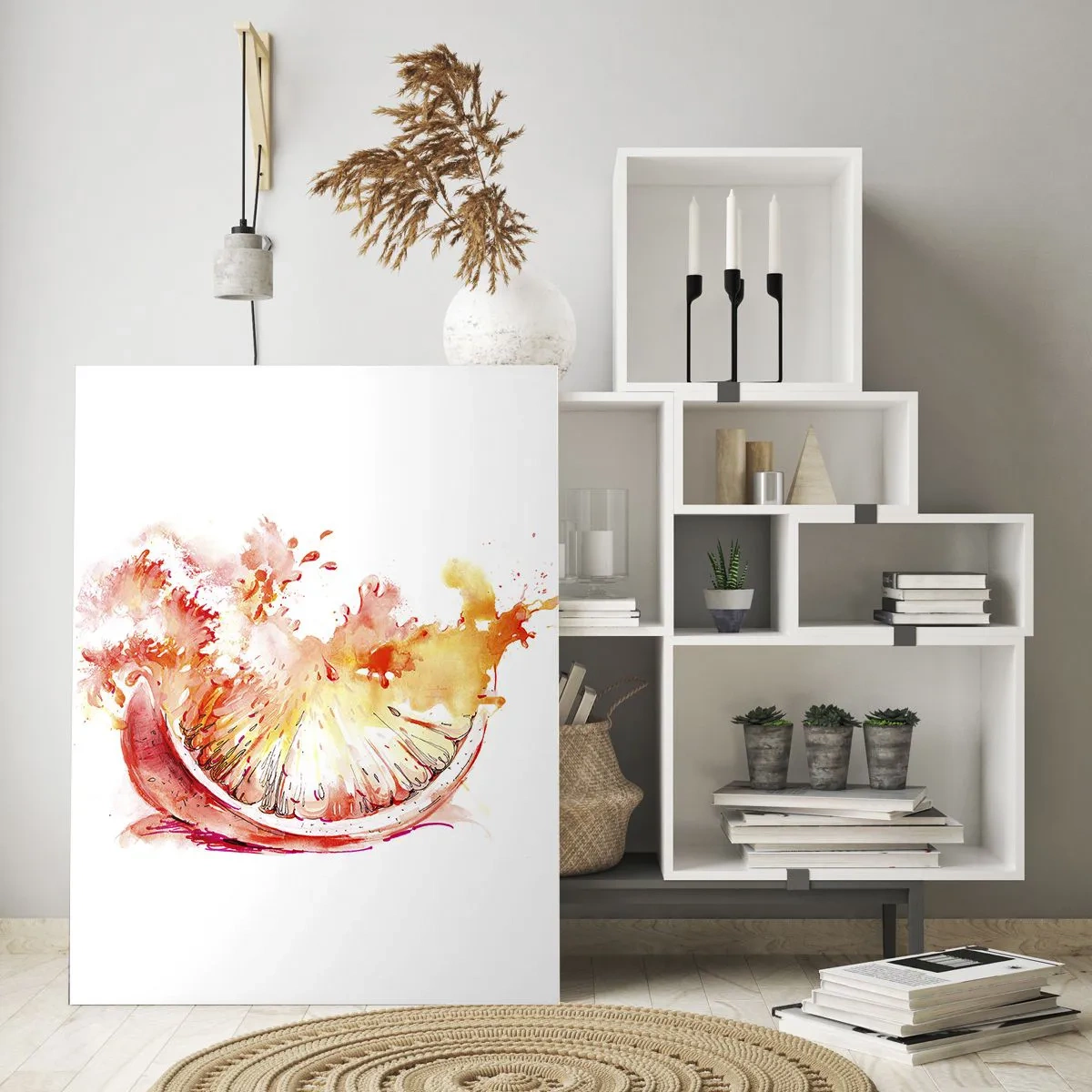 Impression sur verre - Image sur verre - Aquarelle représentant un segment de pamplemousse juteux en mouvement - 50x70cm - Détente juteuse - Décoration murale moderne pour le salon et la chambre ARTTOR