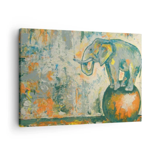 Impression sur toile - Image sur toile - Un éléphant en équilibre sur une balle dans un style artistique - 70x50cm - Que vive le cirque ! - Décoration murale moderne pour le salon et la chambre ARTTOR