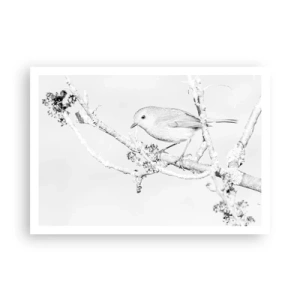 Affiche - Poster - Oiseau sur une branche en noir et blanc avec un style minimaliste - 100x70cm - Matin d'hiver - Décoration murale moderne pour le salon et la chambre ARTTOR