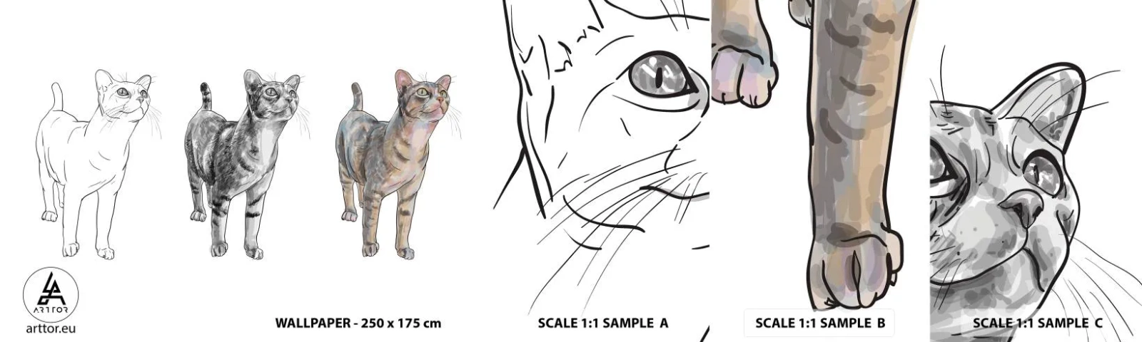 Échantillon de Papier Peint Autocollant Deluxe Sticker - Leçon de dessin - Animaux, Chat, Pour les enfants - 100x30 cm