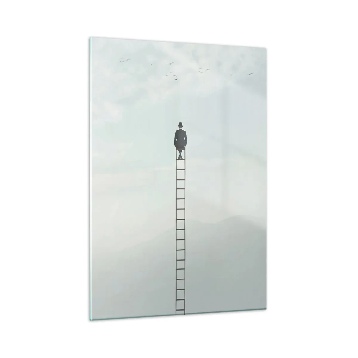 Impression sur verre - Image sur verre - Silhouette d'un homme au sommet d'une échelle dans les nuages - 50x70cm - Se soulever au-dessus - Décoration murale moderne pour le salon et la chambre ARTTOR