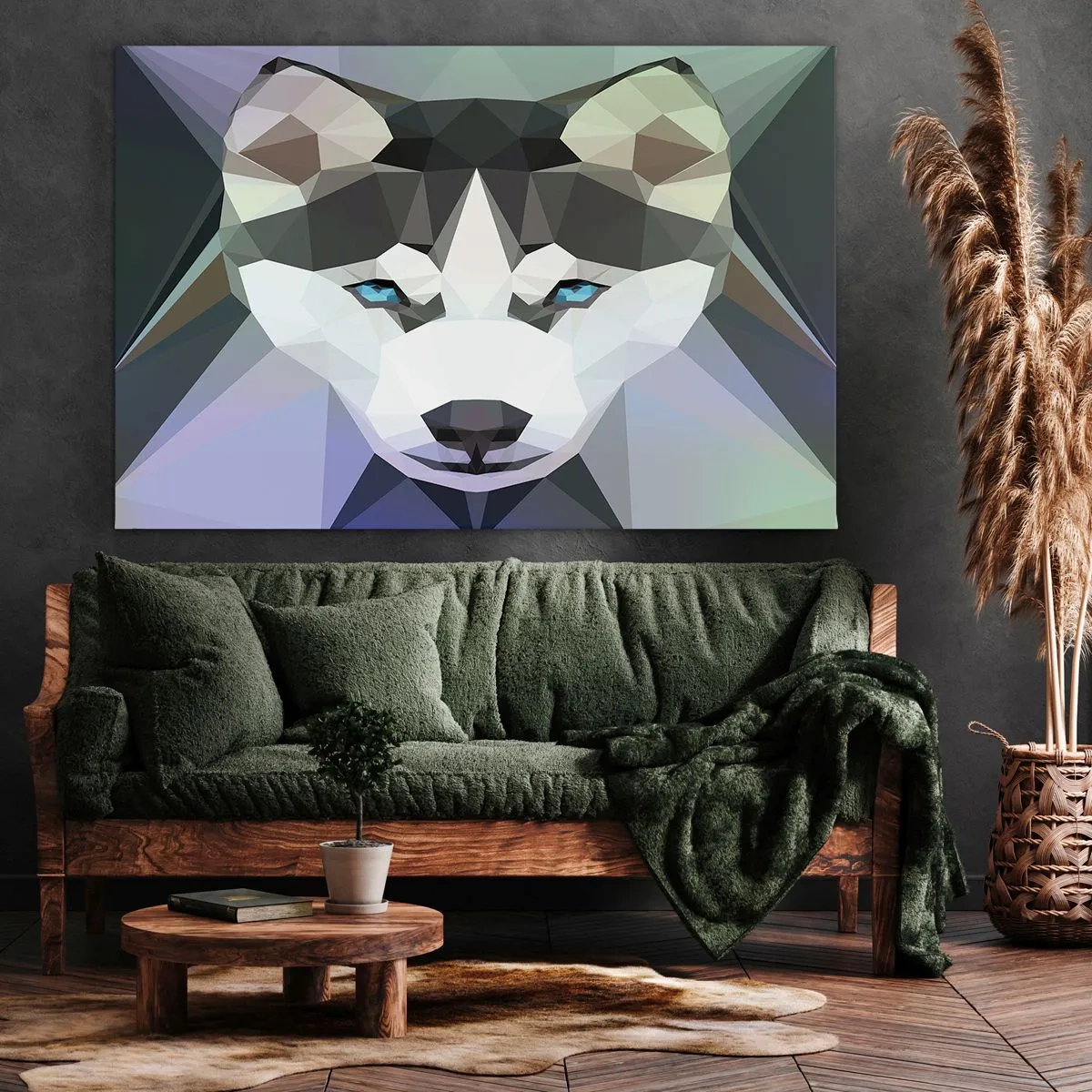 Impression sur toile - Image sur toile - Loup géométrique aux yeux bleus expressifs - 120x80cm - La mémoire des neiges du nord - Décoration murale moderne pour le salon et la chambre ARTTOR