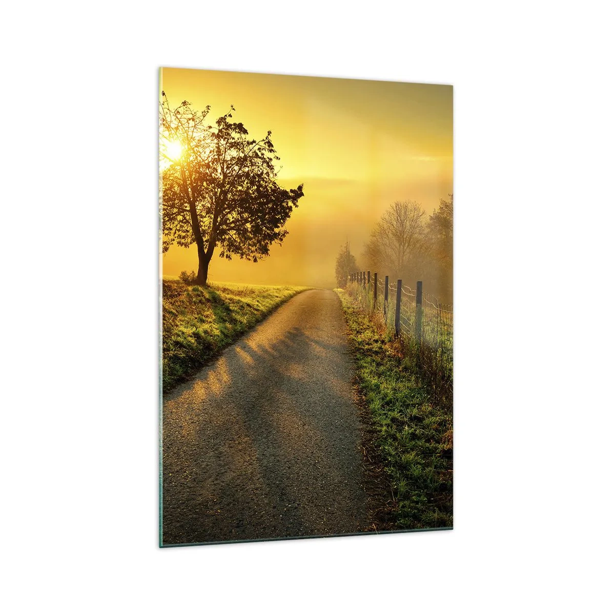 Impression sur verre - Image sur verre - Une route pittoresque au coucher du soleil avec un arbre solitaire en arrière-plan - 70x100cm - Après-midi de miel - Décoration murale moderne pour le salon et la chambre ARTTOR