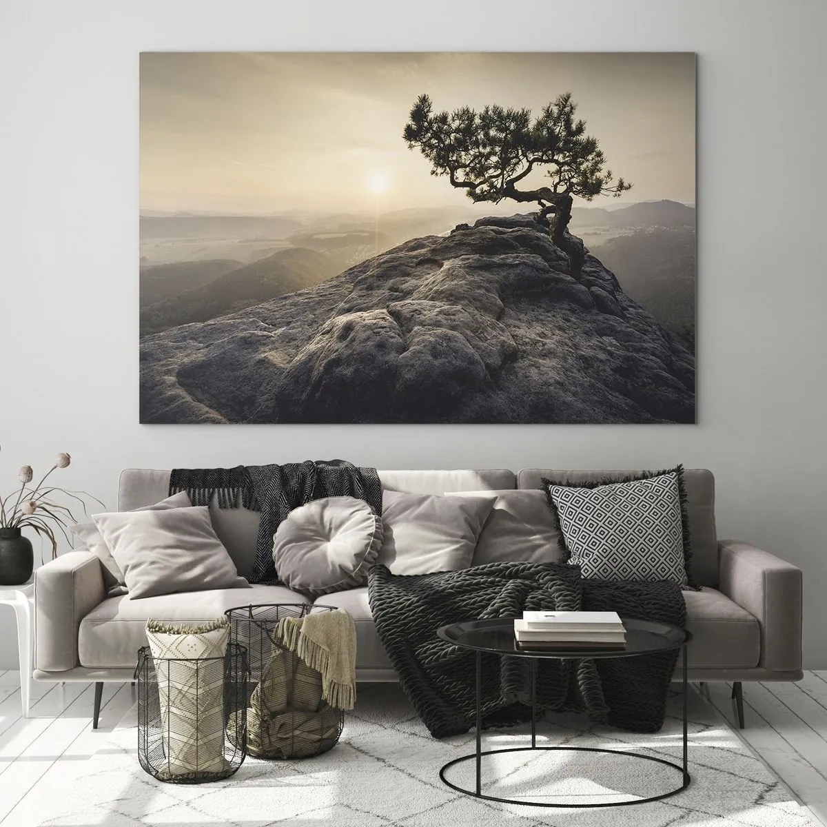 Impression sur verre - Image sur verre - Un arbre sur un rocher à la lumière du soleil levant - 100x70cm - La vie gagne toujours - Décoration murale moderne pour le salon et la chambre ARTTOR