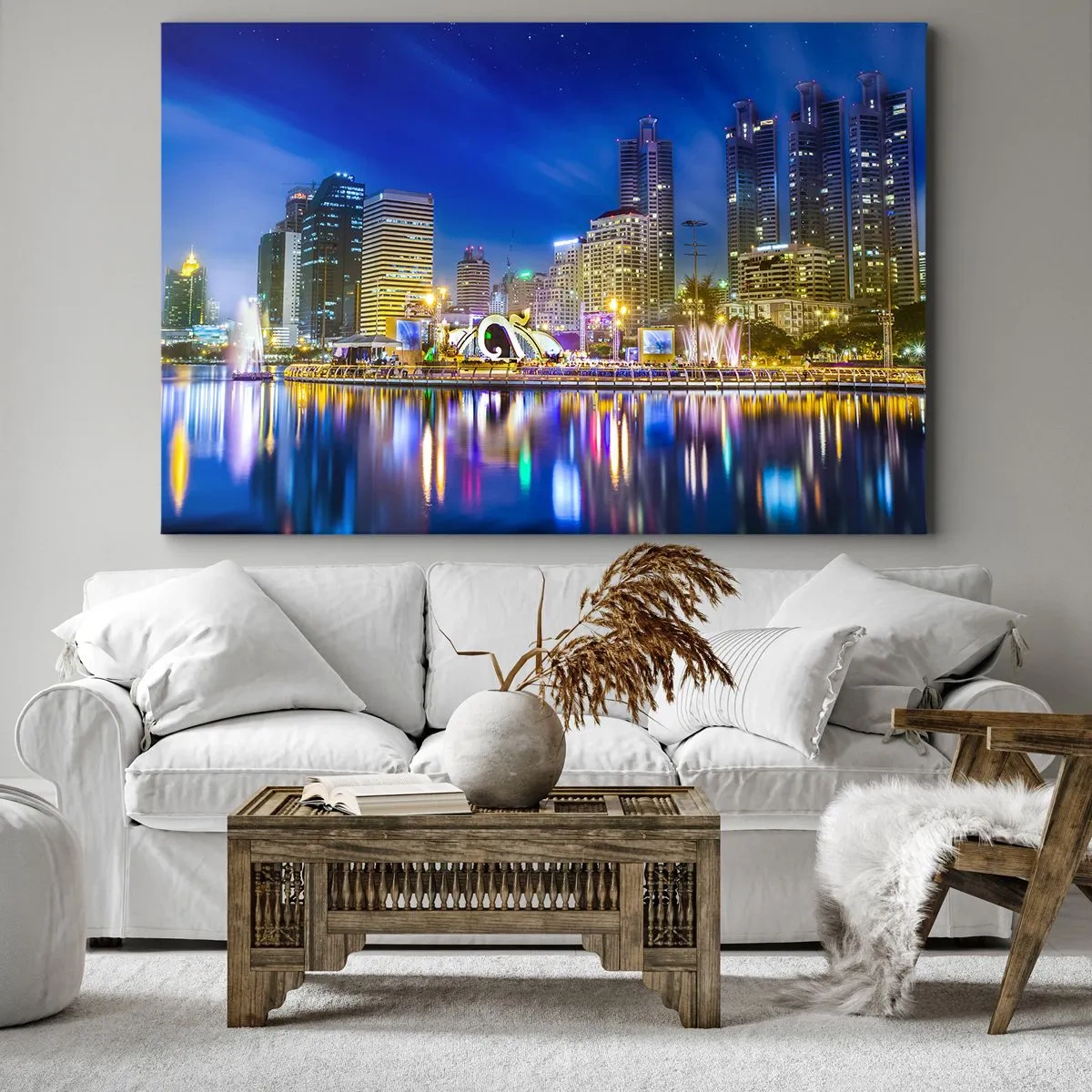 Impression sur toile - Image sur toile - Panorama nocturne de la ville avec les lumières reflétées sur l'eau - 100x70cm - Nuit arc-en-ciel de la métropole - Décoration murale moderne pour le salon et la chambre ARTTOR
