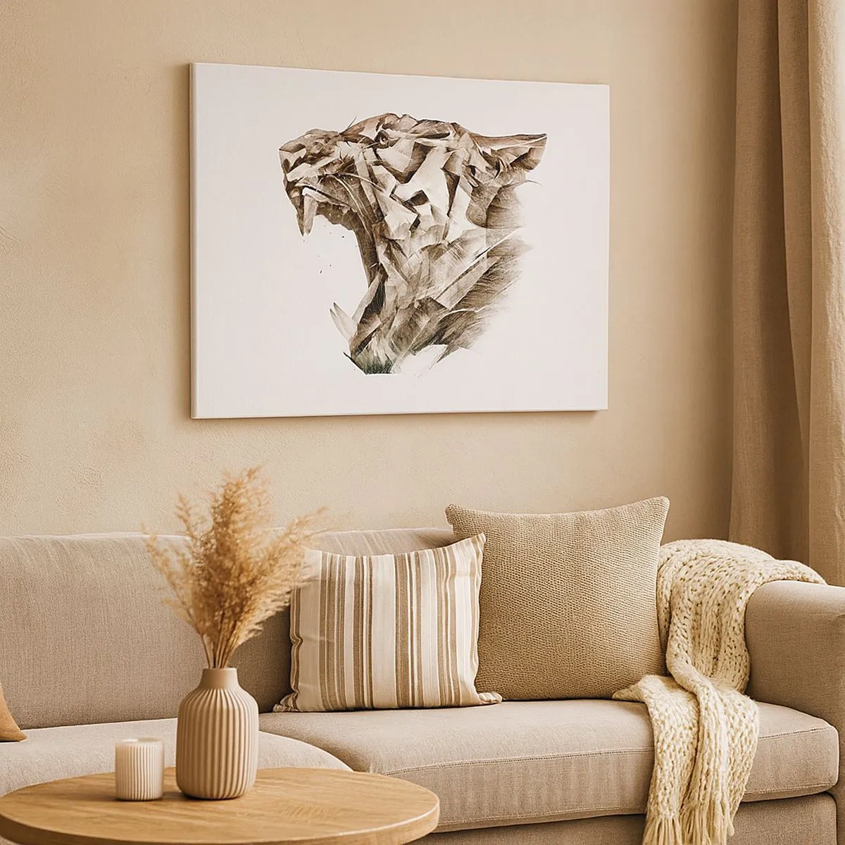 Impression sur toile - Image sur toile - Image abstraite d'un tigre dans des tons beiges - 70x50cm - Vous savez déjà qui est en charge - Décoration murale moderne pour le salon et la chambre ARTTOR
