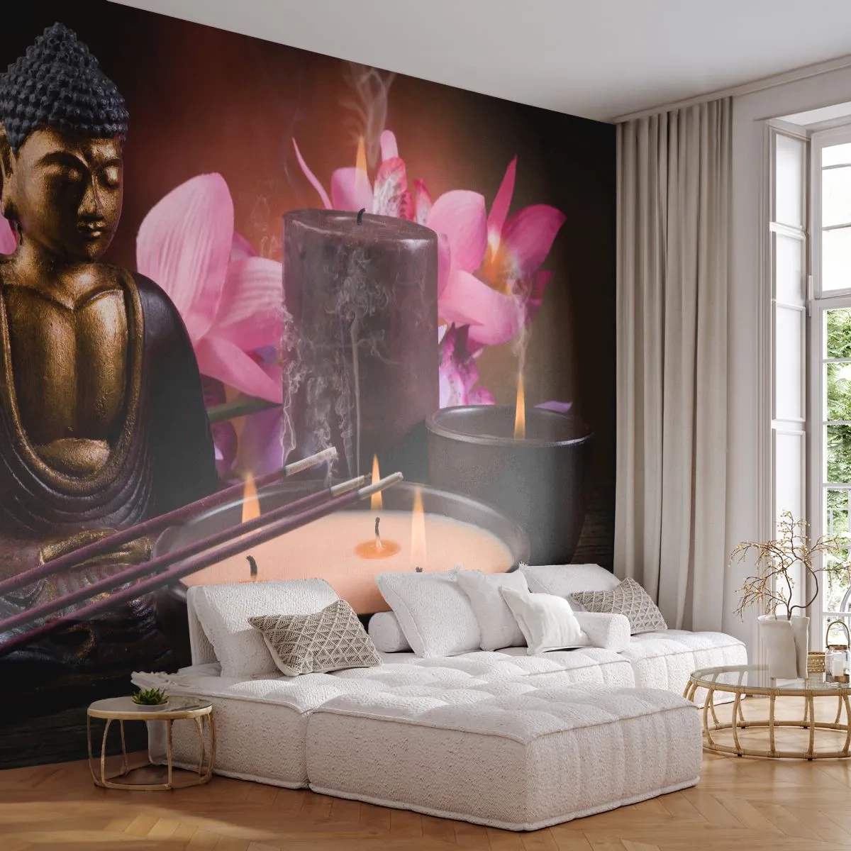Papier Peint Photo Premium Sand - Une figurine de Bouddha avec des bougies allumées et de l'encens sur un fond de fleurs - 100x70cm - Vider l'esprit, calmer le corps - Décoration murale moderne pour le salon et la chambre ARTTOR