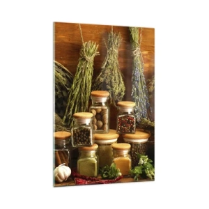 Impression sur verre - Image sur verre - Herbes et épices en pots sur fond rustique - 80x120cm - Sortilèges de cuisine - Décoration murale moderne pour le salon et la chambre ARTTOR