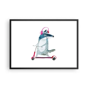 Affiche dans un cadre noir - Poster - Blaireau sur un scooter avec des écouteurs roses - 70x50cm - La joie du blaireau - Décoration murale moderne pour le salon et la chambre ARTTOR