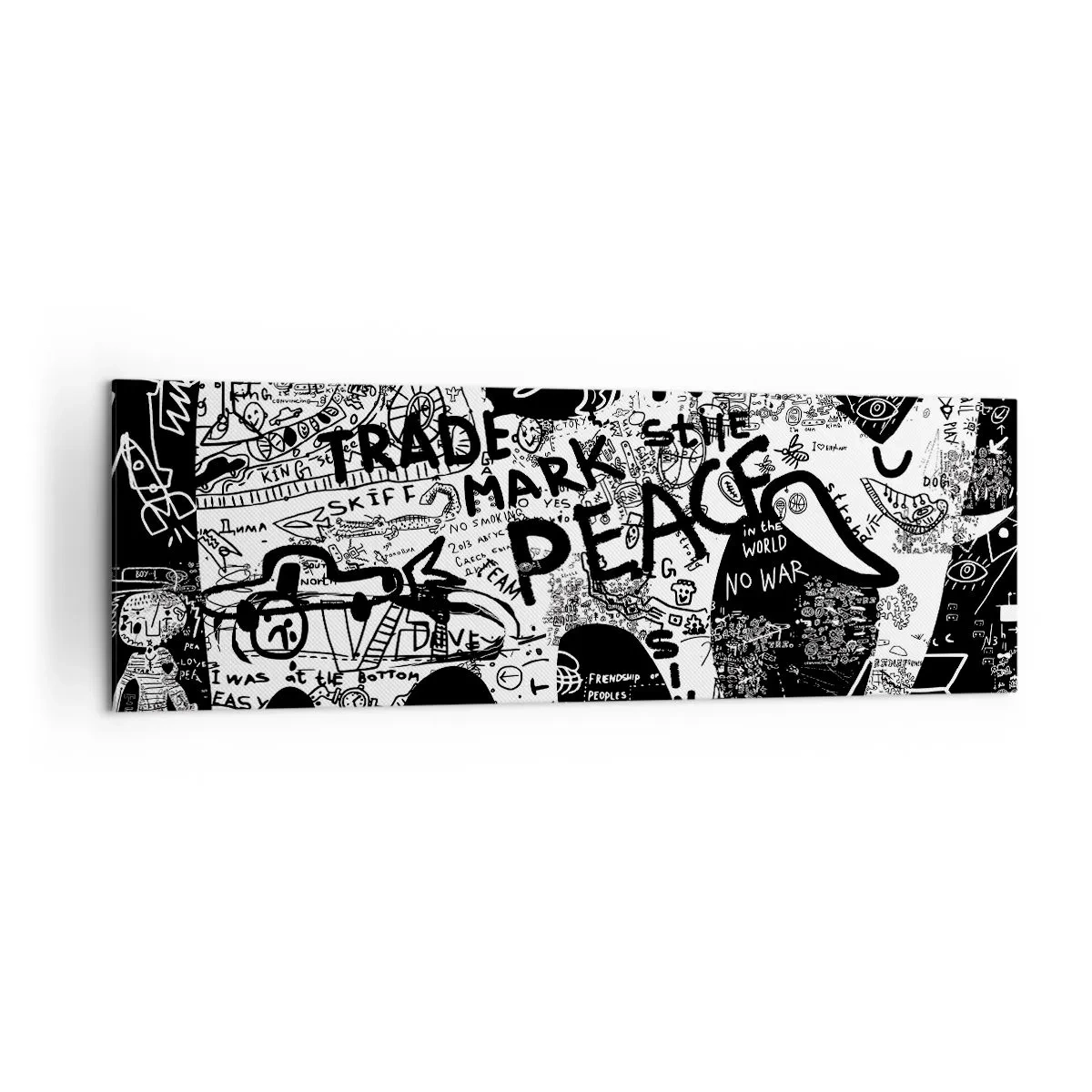 Impression sur toile - Image sur toile - Graphiques en noir et blanc avec des motifs graffitis - 160x50cm - La richesse des rues - Décoration murale moderne pour le salon et la chambre ARTTOR