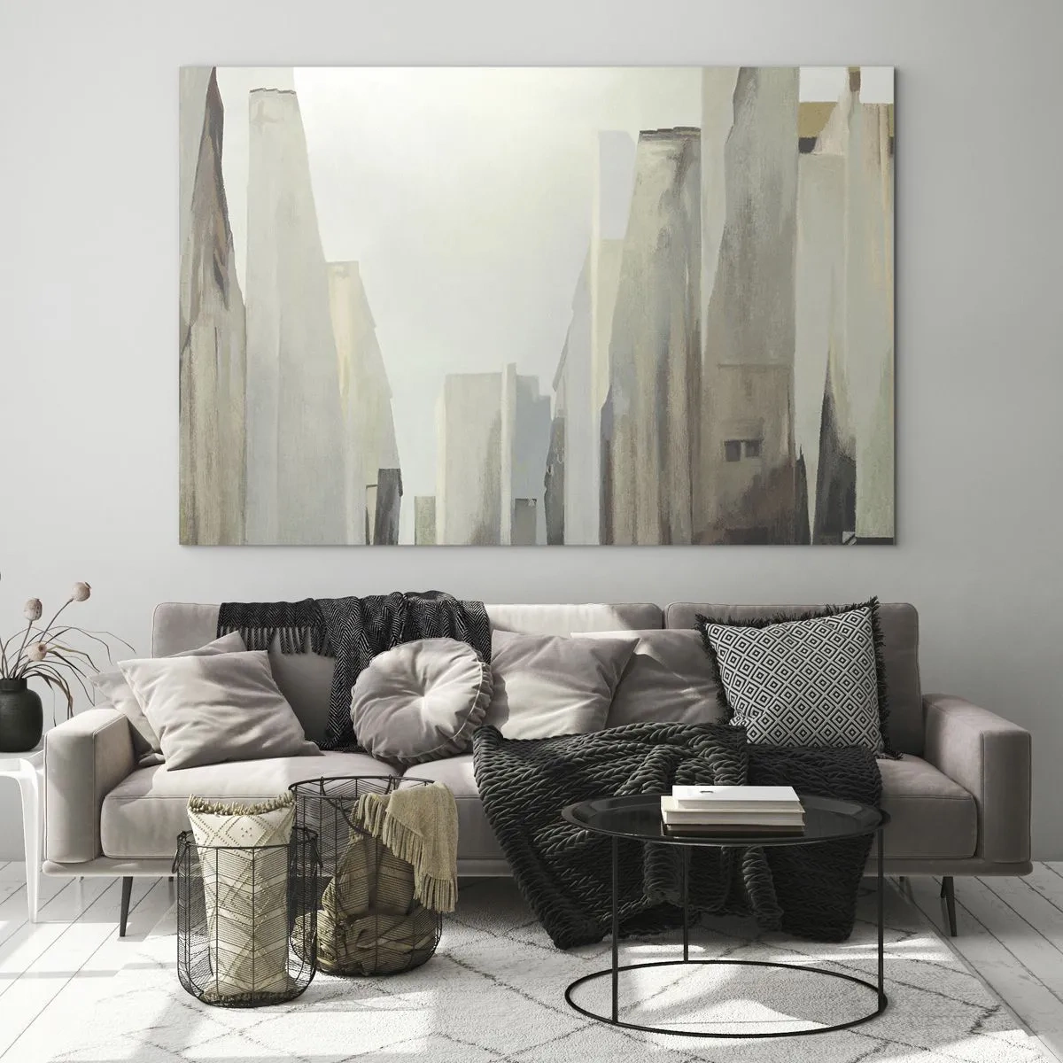 Impression sur verre - Image sur verre - Une vision abstraite des bâtiments urbains dans une palette atténuée - 70x50cm - Rêve de la ville - Décoration murale moderne pour le salon et la chambre ARTTOR
