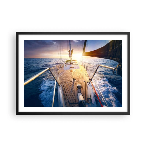 Affiche dans un cadre noir - Poster - Yacht en mer au coucher du soleil - 70x50cm - Courir sur les vagues - Décoration murale moderne pour le salon et la chambre ARTTOR