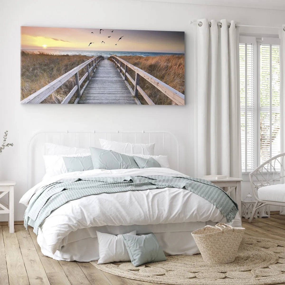 Impression sur toile - Image sur toile - Jetée en bois menant à la plage au coucher du soleil - 160x50cm - Envol des espaces - Décoration murale moderne pour le salon et la chambre ARTTOR