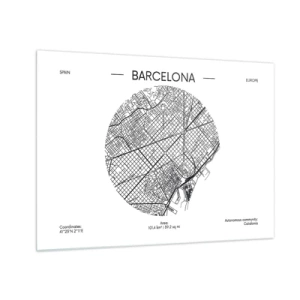 Impression sur verre - Image sur verre - Une carte minimaliste de Barcelone dans une esthétique noir et blanc - 70x50cm - Anatomie de Barcelone - Décoration murale moderne pour le salon et la chambre ARTTOR