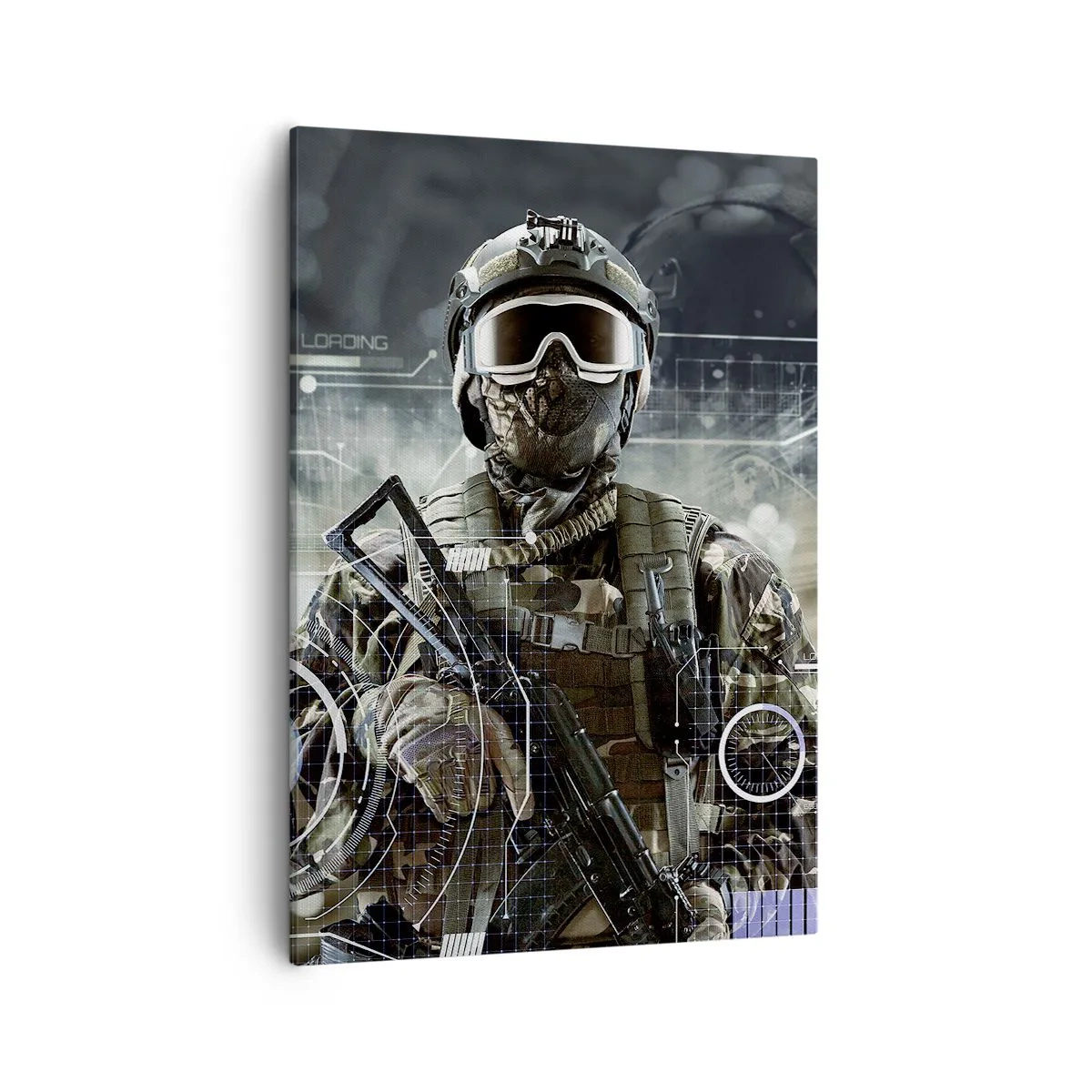 Impression sur toile - Image sur toile - Un soldat portant un casque futuriste avec une arme à feu en arrière-plan de la technologie. - 50x70cm - Puissance sans limite - Décoration murale moderne pour le salon et la chambre ARTTOR