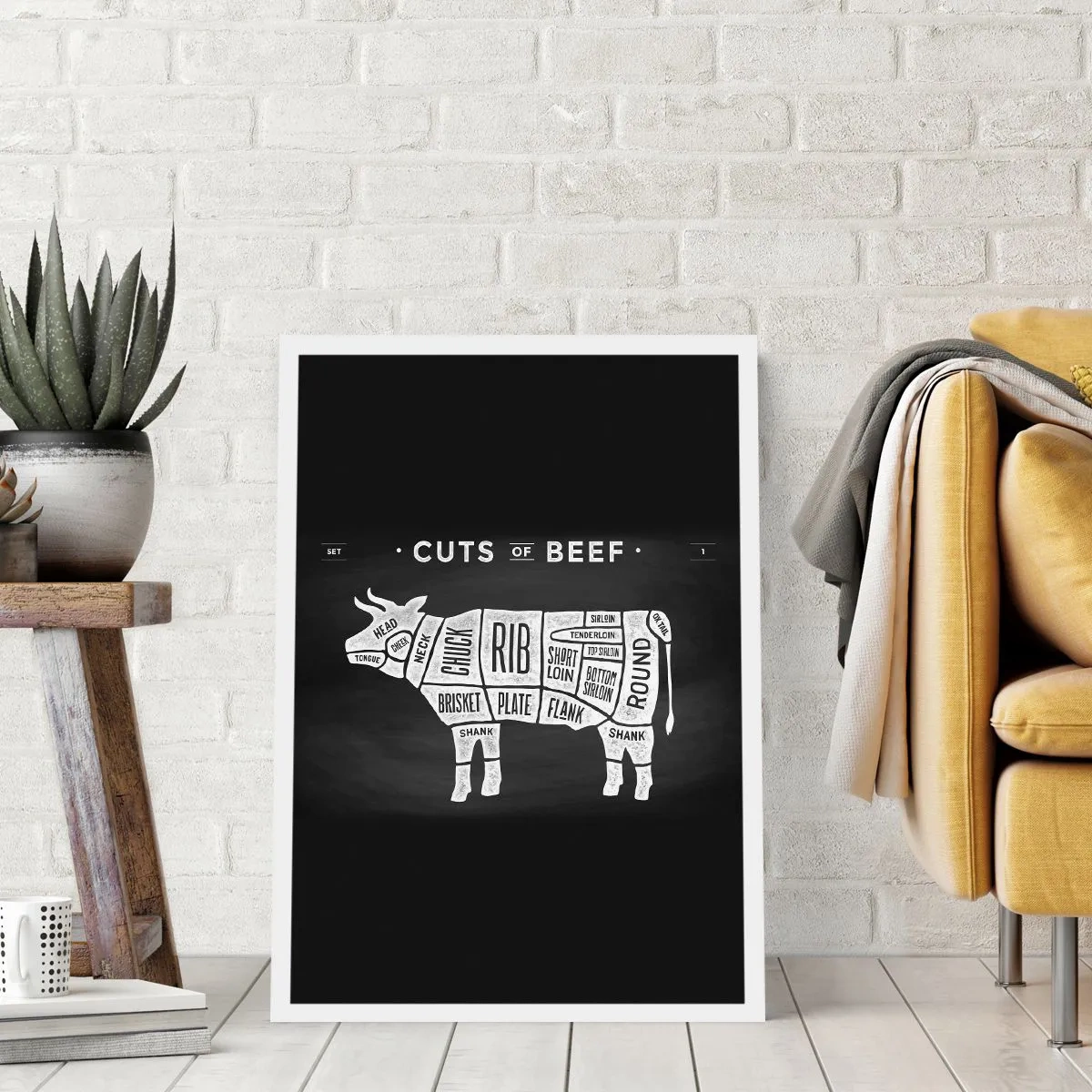 Affiche - Poster - Diagramme de coupes de bœuf sur fond noir dans un style rétro - 50x70cm - L'art de la découpe - Décoration murale moderne pour le salon et la chambre ARTTOR