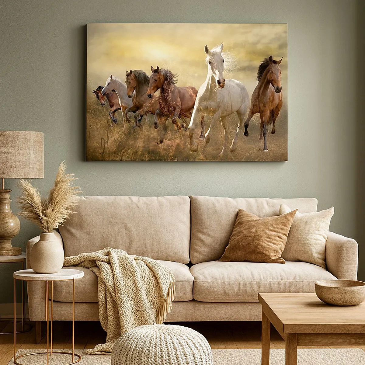 Impression sur toile - Image sur toile - Un groupe de chevaux au galop sur fond de soleil couchant - 70x50cm - Vive la liberté! - Décoration murale moderne pour le salon et la chambre ARTTOR