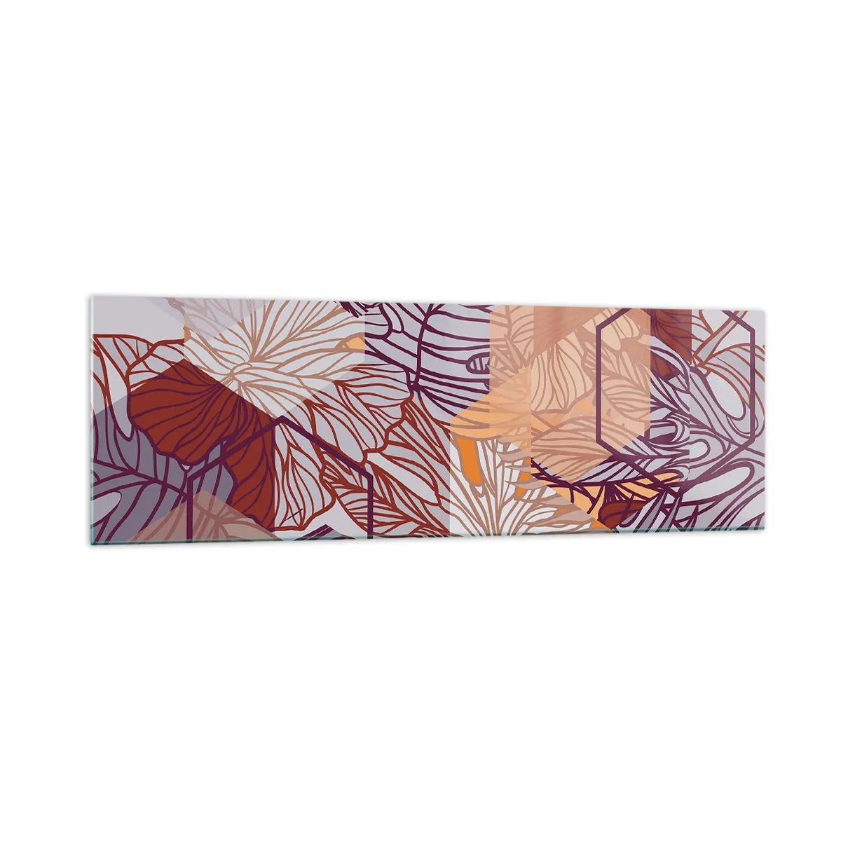 Impression sur verre - Image sur verre - Un motif décoratif de feuilles tropicales dans des tons de violet, d'orange et de beige. - 160x50cm - Relation impossible entre la géométrie et la nature - Décoration murale moderne pour le salon et la chambre ARTT