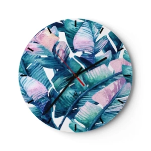 Horloge murale - Pendule murale - Feuilles tropicales dans les tons de vert et de rose - 30x30cm - Dans une bananeraie - Décoration murale moderne pour le salon, la cuisine et la chambre ARTTOR