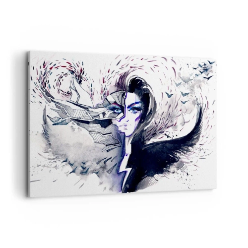Impression sur toile - Image sur toile - Visage abstrait avec des éléments contrastés et un motif d'aile - 120x80cm - Démoniaque et belle - Décoration murale moderne pour le salon et la chambre ARTTOR