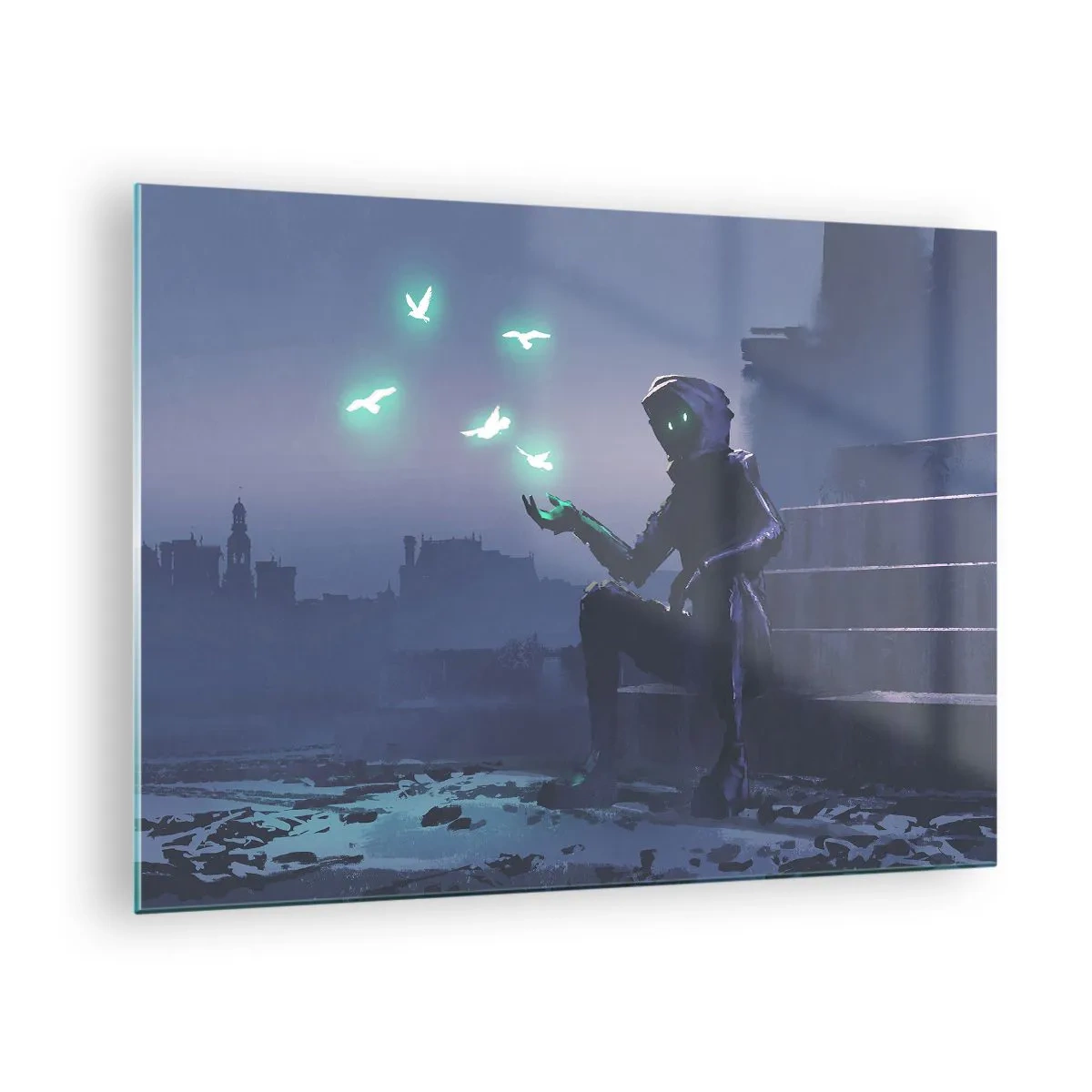 Impression sur verre - Image sur verre - Une silhouette dans le noir entourée d'oiseaux verts flottants - 70x50cm - La vie reviendra - Décoration murale moderne pour le salon et la chambre ARTTOR