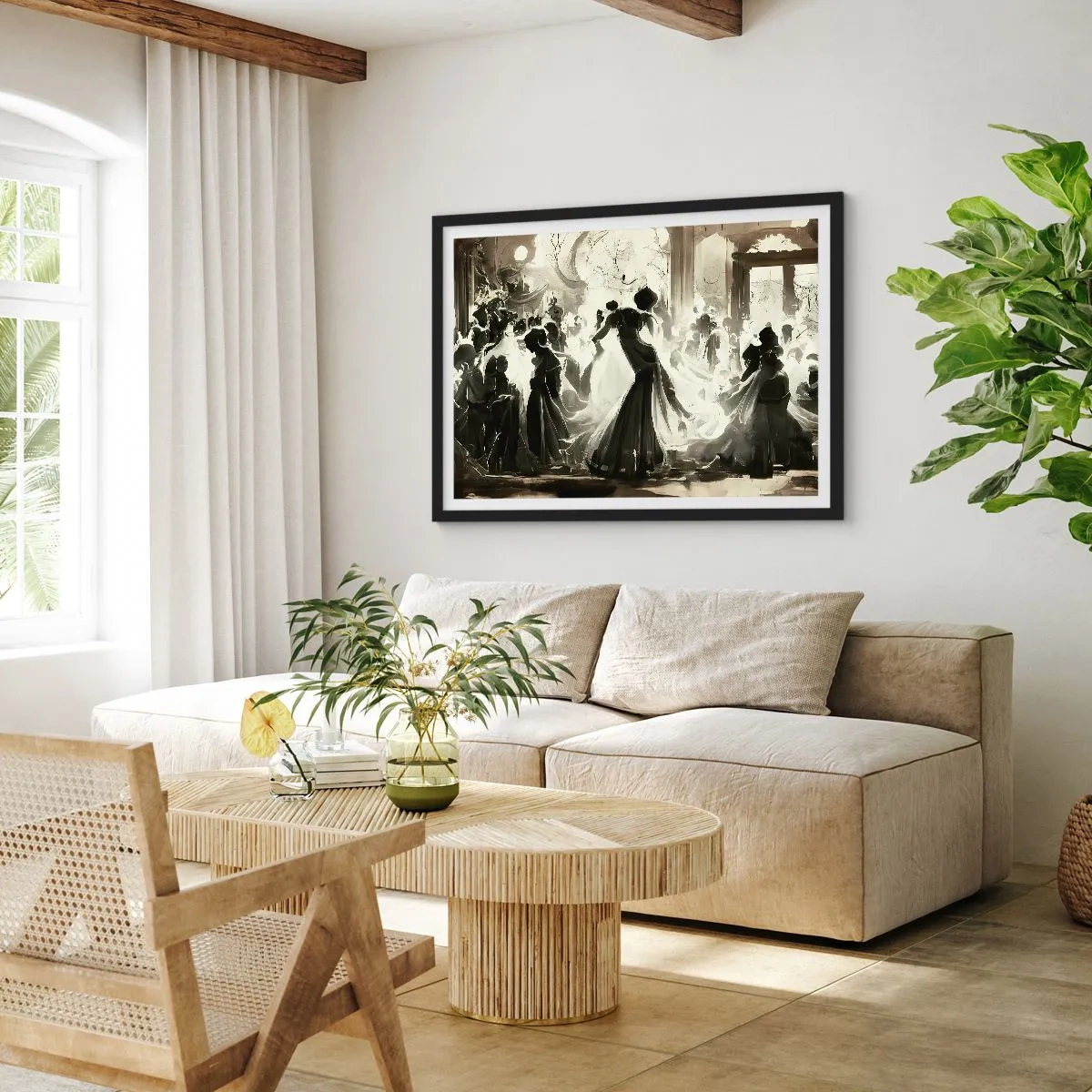 Affiche dans un cadre noir - Poster - Boule de style rétro en noir et blanc - 70x50cm - La grande mascarade - Décoration murale moderne pour le salon et la chambre ARTTOR