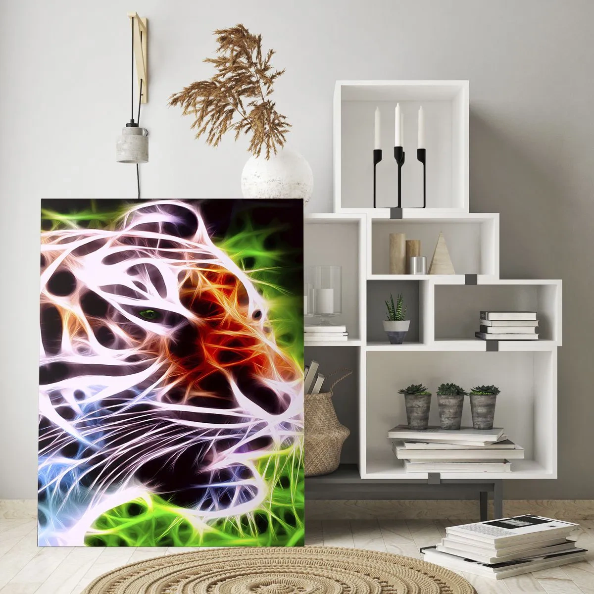 Impression sur verre - Image sur verre - Un tigre aux couleurs néon et lumineuses - 50x70cm - L'aura dangereux - Décoration murale moderne pour le salon et la chambre ARTTOR