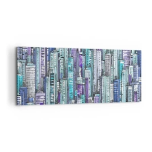 Impression sur toile - Image sur toile - Illustration d'une ville avec des bâtiments géométriques dans des tons de bleu et de violet. - 120x50cm - Bleuâtre avec le ciel - Décoration murale moderne pour le salon et la chambre ARTTOR