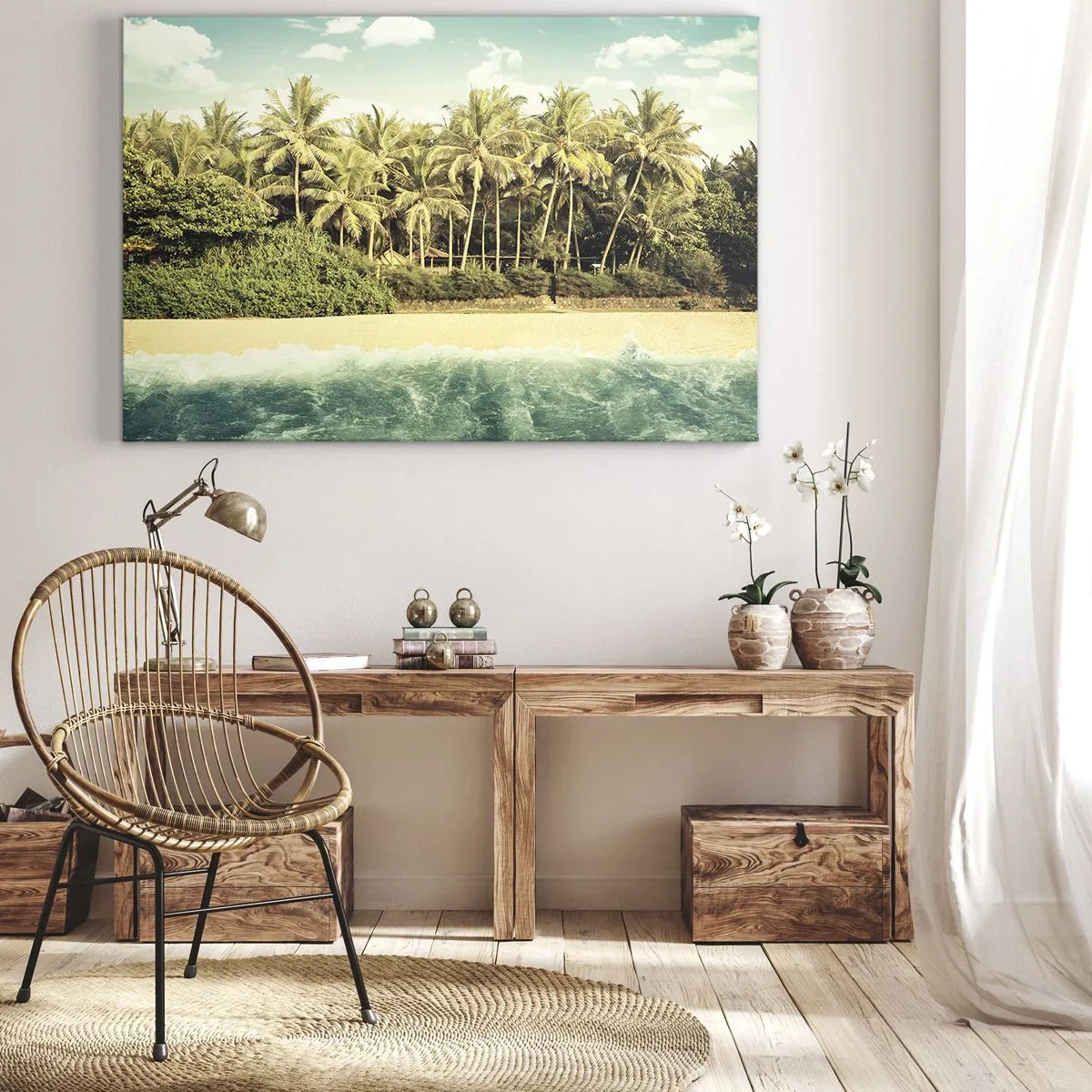 Impression sur toile - Image sur toile - Plage tropicale avec palmiers et mer turquoise - 120x80cm - Peut-être ici? - Décoration murale moderne pour le salon et la chambre ARTTOR