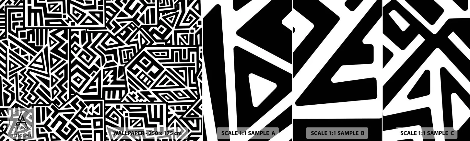 Échantillon de Papier Peint Autocollant Deluxe Sticker - Composition précolombienne - Abstraction, Morceau, Noir et blanc - 100x30 cm