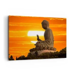 Impression sur toile - Image sur toile - Une statue bouddhiste sur fond de coucher de soleil orange - 100x70cm - Aucune peur du monde - Décoration murale moderne pour le salon et la chambre ARTTOR