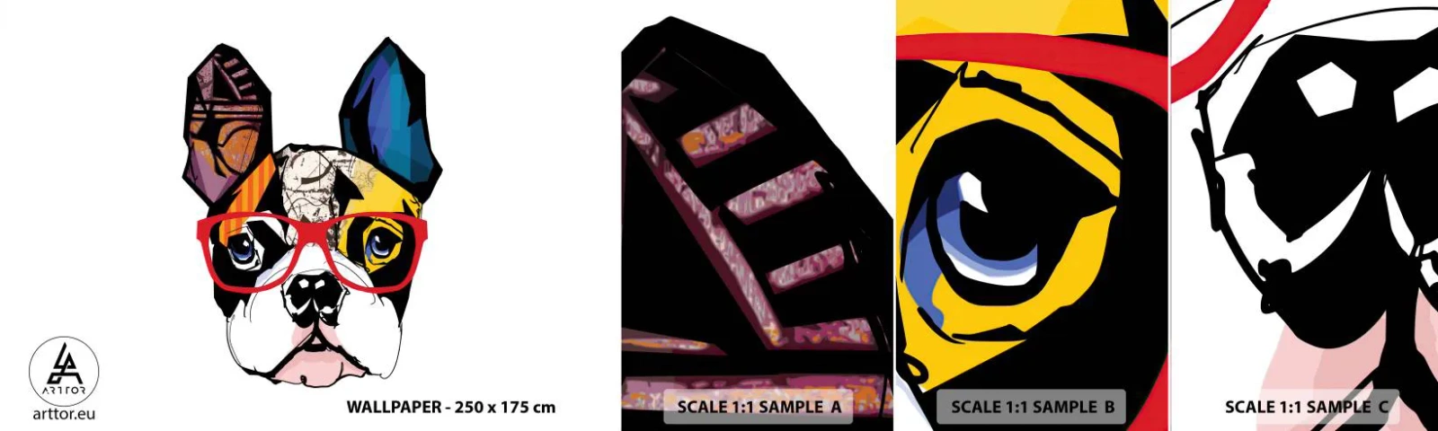 Échantillon de Papier Peint Autocollant Deluxe Sticker - Intellectuel - Abstraction, Chien, Bulldog français - 100x30 cm