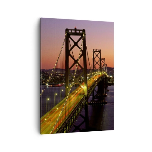 Impression sur toile - Image sur toile - Un pont illuminé la nuit au-dessus de l'eau avec une vue panoramique sur la ville - 50x70cm - Soirée violette - Décoration murale moderne pour le salon et la chambre ARTTOR