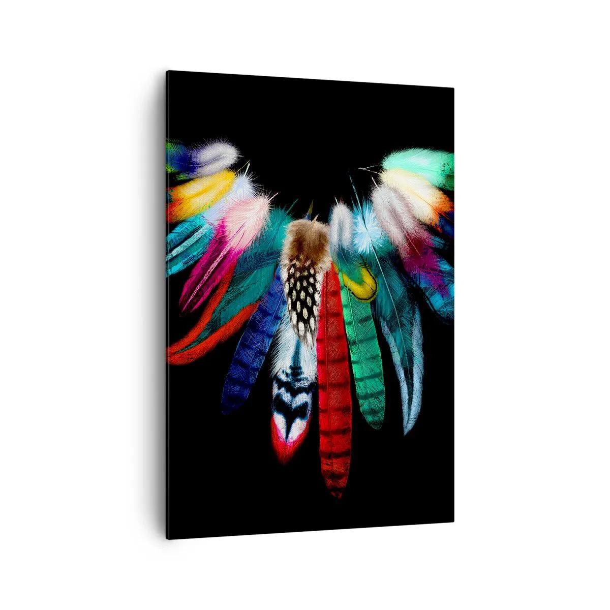 Impression sur toile - Image sur toile - Plumes colorées sur fond noir dans une composition artistique - 70x100cm - Collier indien - Décoration murale moderne pour le salon et la chambre ARTTOR
