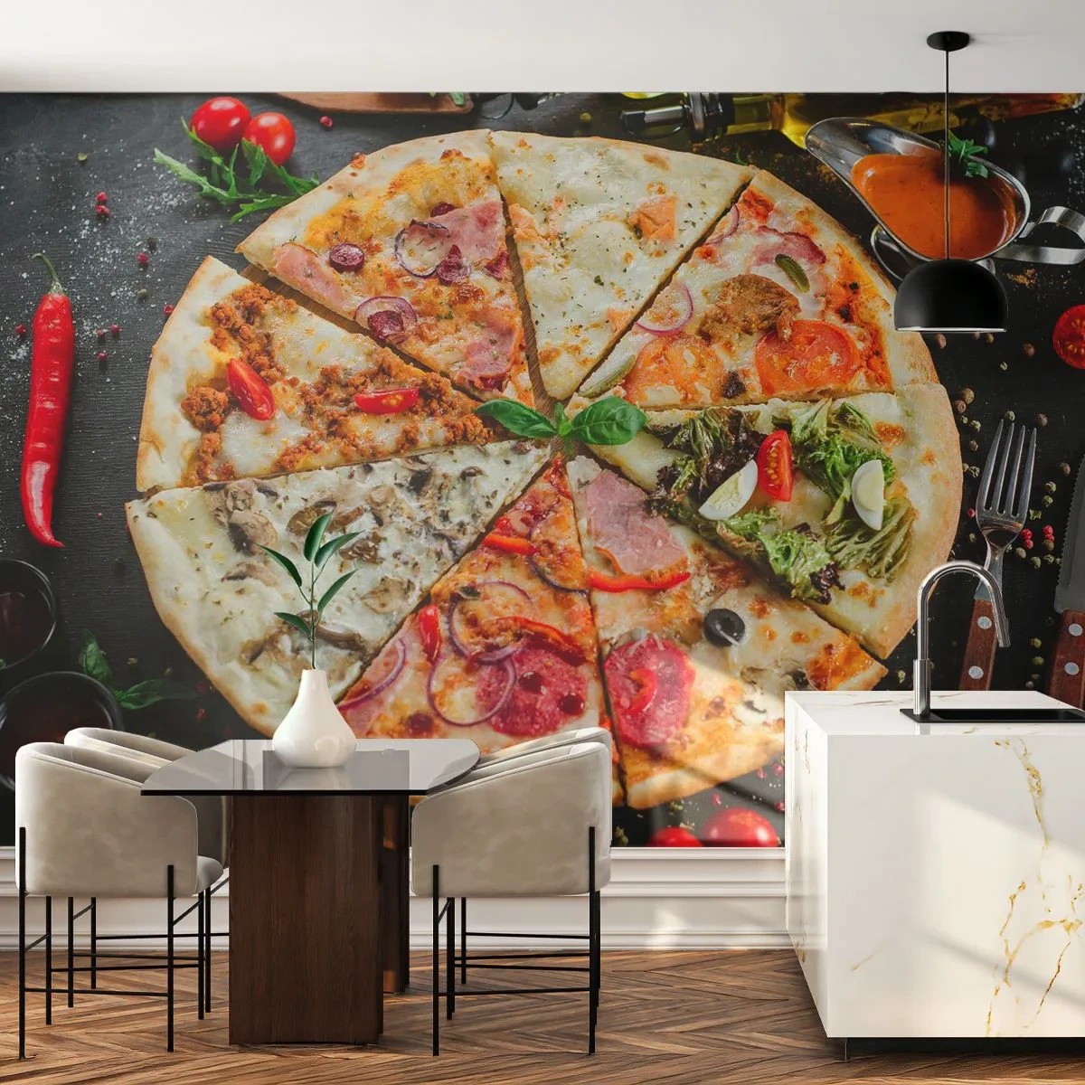 Papier Peint Photo Premium Sand - Pizza aux saveurs variées sur fond noir avec garnitures - 100x70cm - Une gamme de saveurs - Décoration murale moderne pour le salon et la chambre ARTTOR