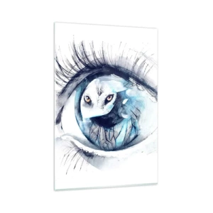 Impression sur verre - Image sur verre - Un œil avec une image d'un hibou dans des tons bleus à l'aquarelle - 80x120cm - Face à face avec la nature sauvage - Décoration murale moderne pour le salon et la chambre ARTTOR