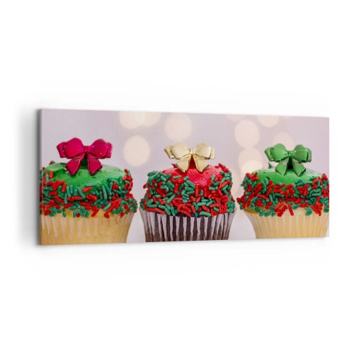 Impression sur toile - Image sur toile - Cupcakes de Noël avec des paillettes et des nœuds colorés - 120x50cm - Une sucrerie après la cocarde - Décoration murale moderne pour le salon et la chambre ARTTOR