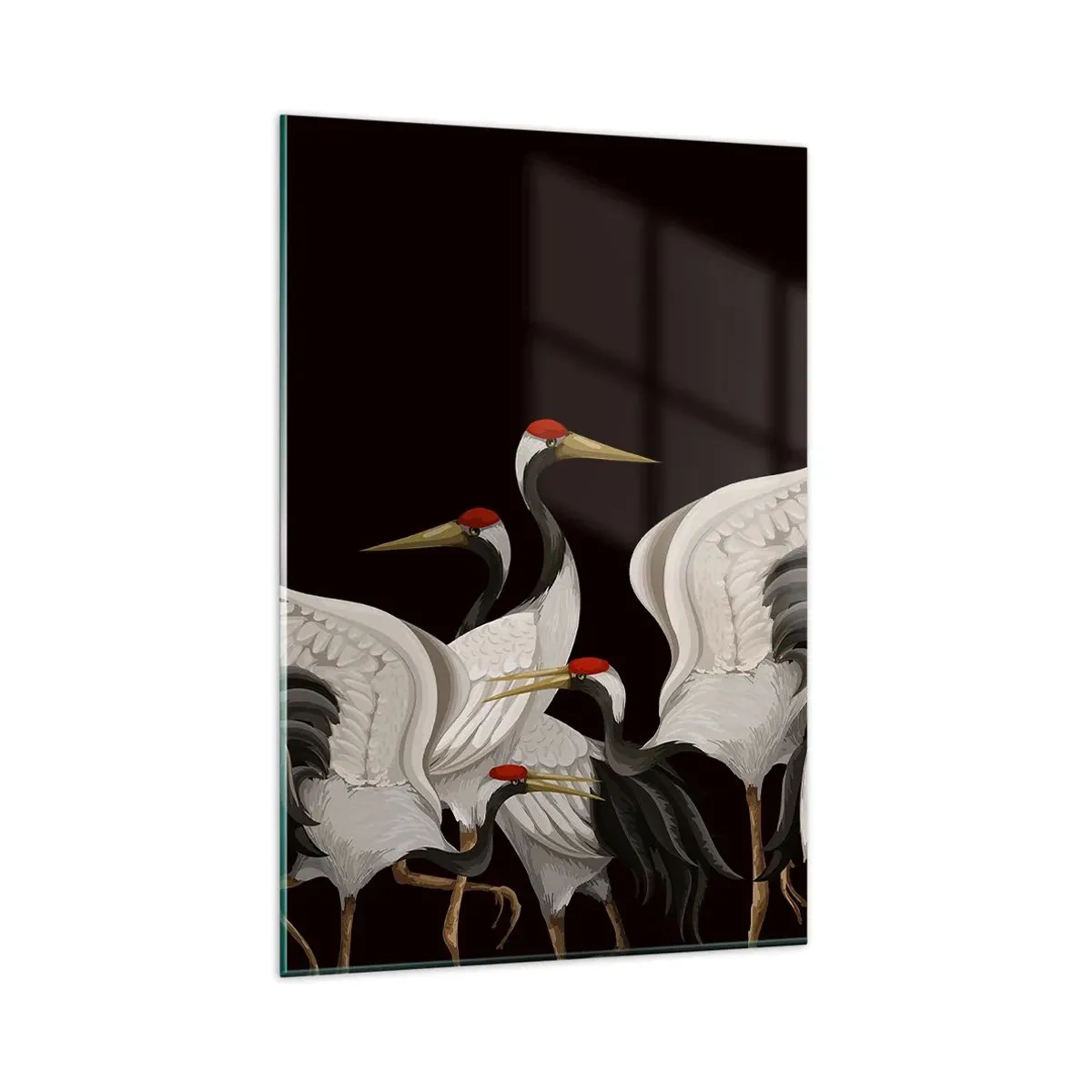 Impression sur verre - Image sur verre - Grues blanches avec des accents rouges sur fond noir - 80x120cm - Histoire d'oiseaux - Décoration murale moderne pour le salon et la chambre ARTTOR