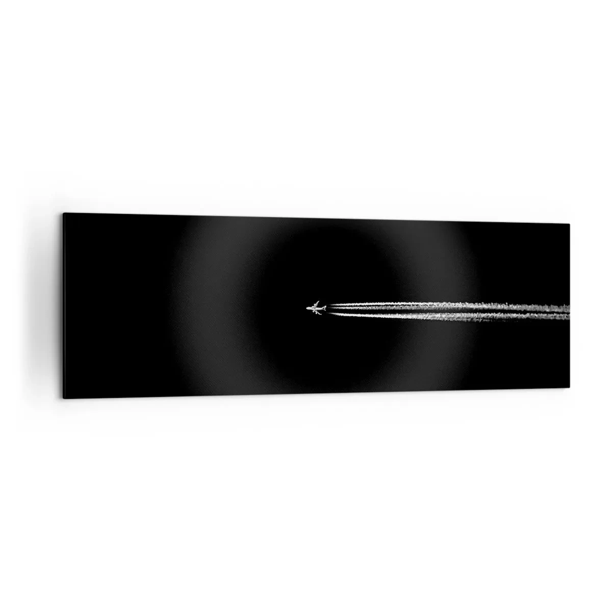 Impression sur toile - Image sur toile - Un avion à réaction avec une traînée de condensation visible sur fond noir - 160x50cm - Dans une autre dimension - Décoration murale moderne pour le salon et la chambre ARTTOR
