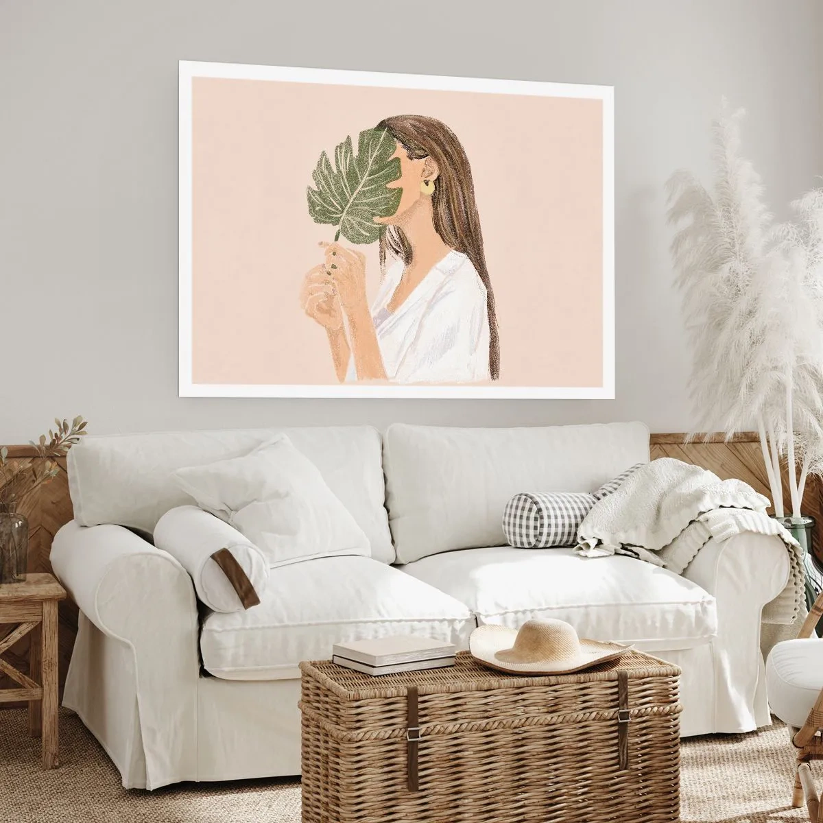 Affiche - Poster - Portrait d'une femme avec une feuille de monstera sur fond beige - 100x70cm - Portrait mystérieux avec un éventail - Décoration murale moderne pour le salon et la chambre ARTTOR