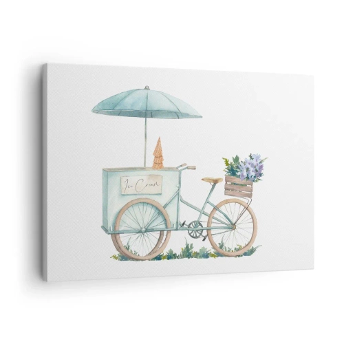 Impression sur toile - Image sur toile - Un vélo avec de la glace et des fleurs sous un parapluie aux couleurs pastel délicates - 70x50cm - Doux souvenir d'été - Décoration murale moderne pour le salon et la chambre ARTTOR