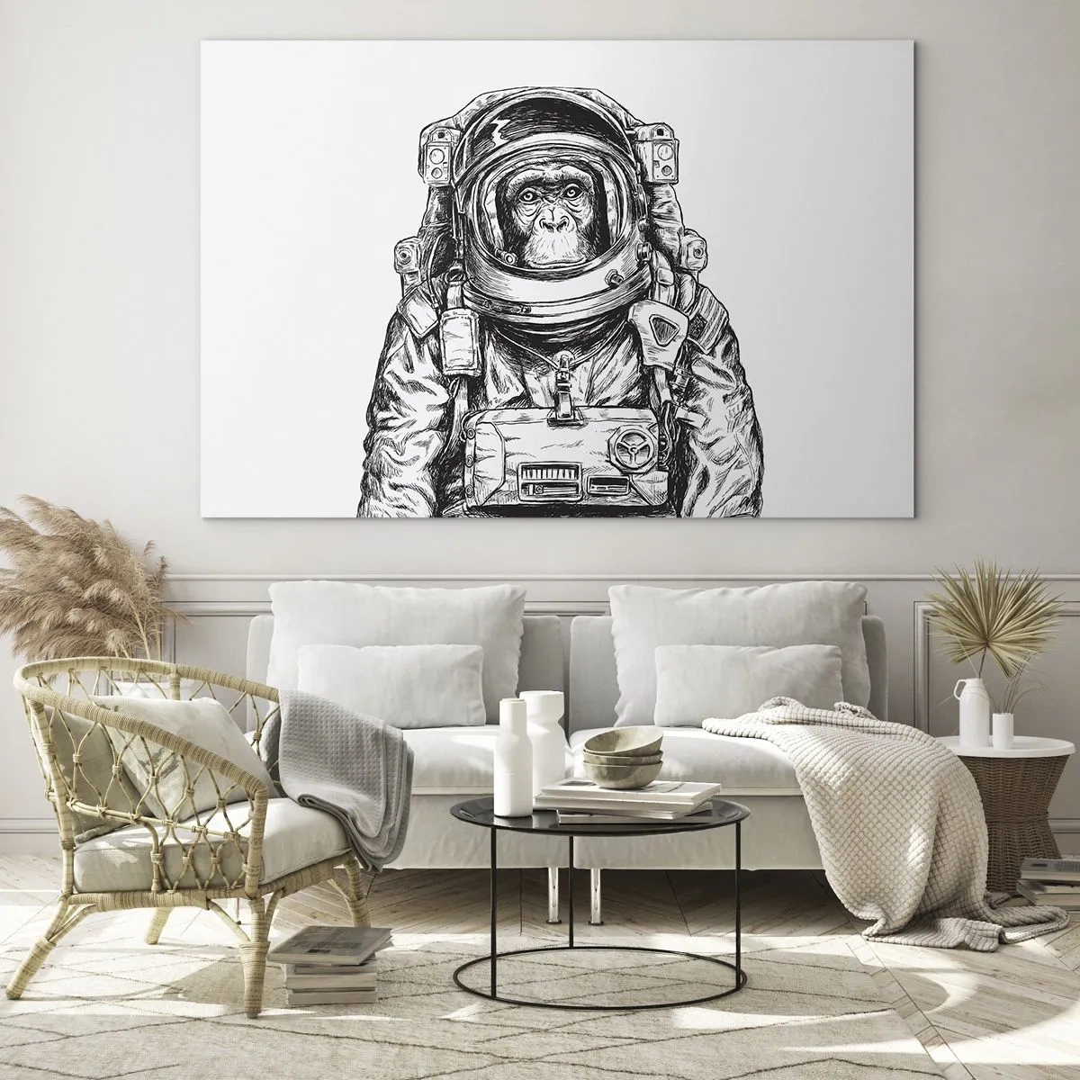 Impression sur verre - Image sur verre - Croquis d'un singe en combinaison d'astronaute sur fond blanc - 100x70cm - Évolution alternative - Décoration murale moderne pour le salon et la chambre ARTTOR