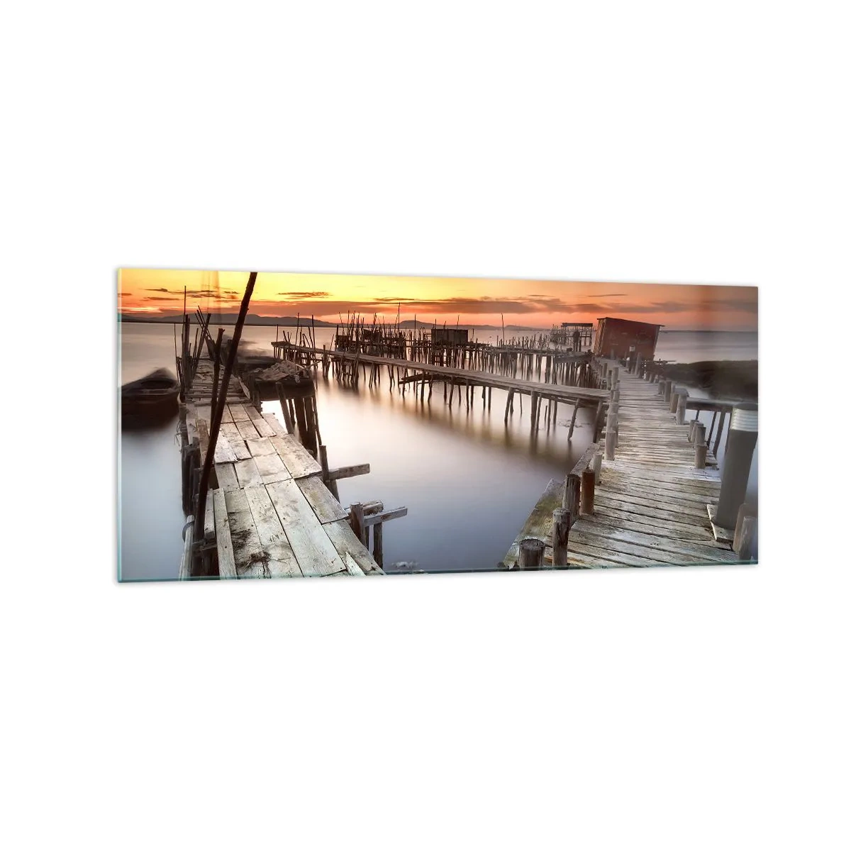 Impression sur verre - Image sur verre - Jetées en bois sur une eau calme au coucher du soleil - 120x50cm - Authentique, pas un attrape touristique - Décoration murale moderne pour le salon et la chambre ARTTOR