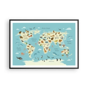 Affiche dans un cadre noir - Poster - Carte du monde avec des illustrations d'animaux - 100x70cm - De bons voisins - Décoration murale moderne pour le salon et la chambre ARTTOR