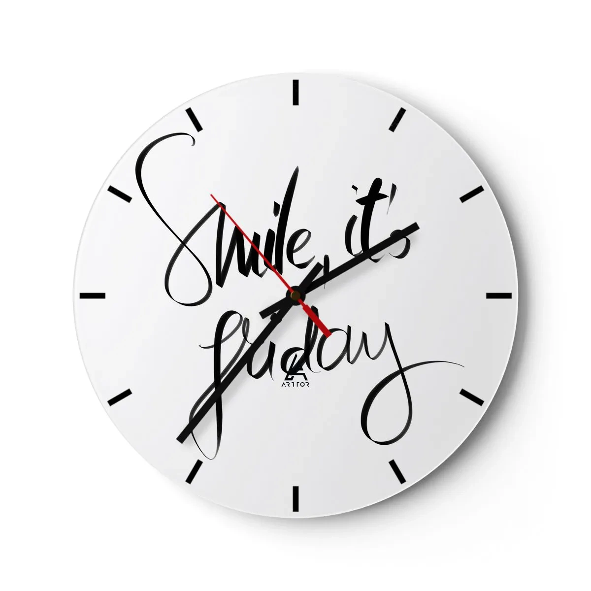 Horloge murale - Pendule murale - Citation « Souriez, c'est vendredi » dans des graphismes élégants en noir et blanc - 30x30cm - Joie réelle - Décoration murale moderne pour le salon, la cuisine et la chambre ARTTOR
