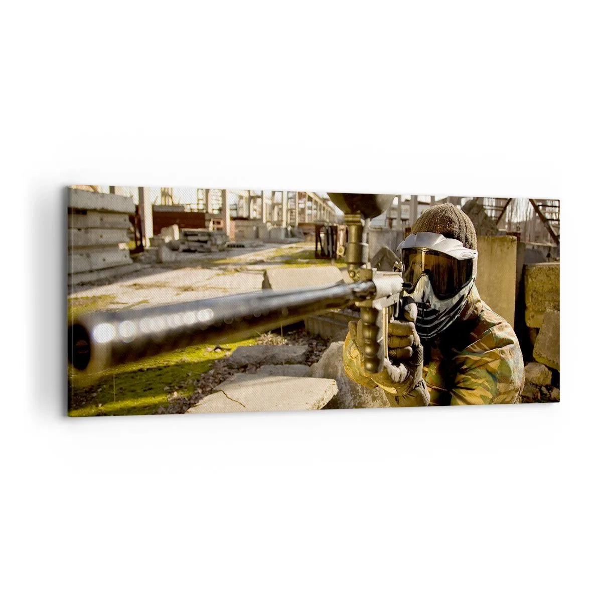 Impression sur toile - Image sur toile - Un joueur de paintball en tenue de camouflage visant un marqueur - 120x50cm - Et vous pouvez devenir un héros - Décoration murale moderne pour le salon et la chambre ARTTOR